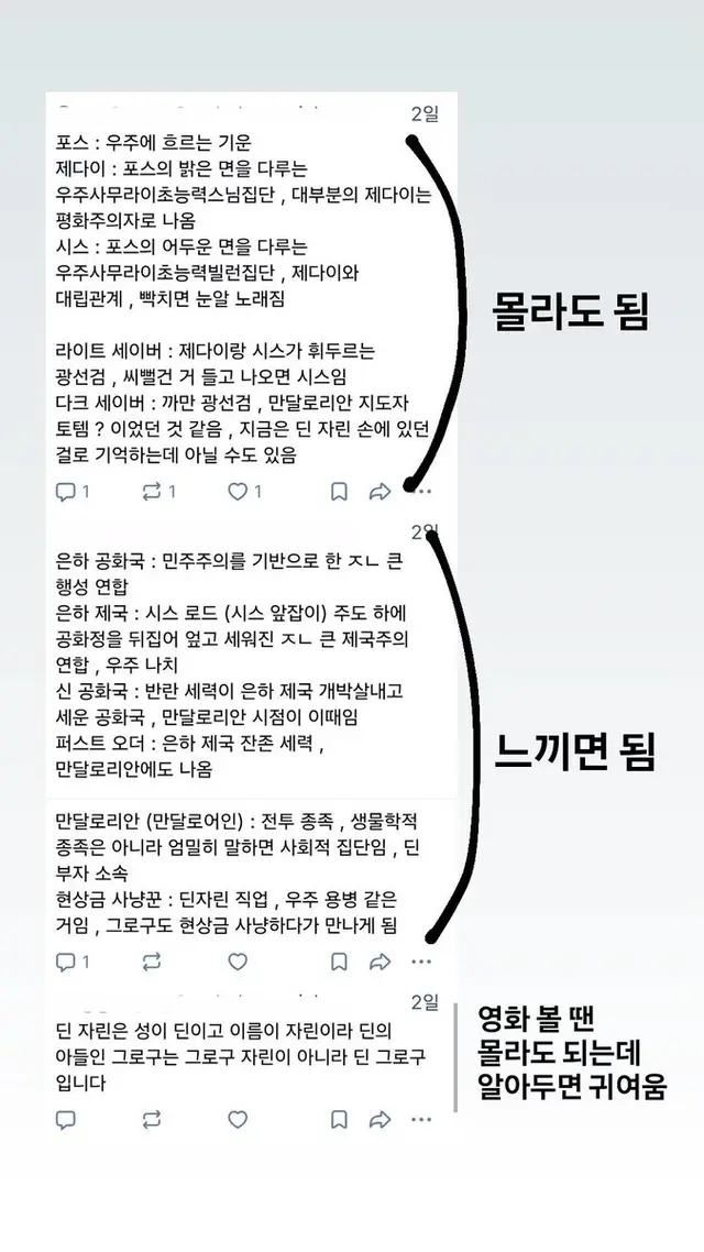 스타워즈 하나도 모르는 친구한테 만달로리안과 그로구 보기 전에 알아두면 좋을 거라고 기본적인 개념만 정리해놓은 거 있었는데 이거 절반은 몰라도 됨