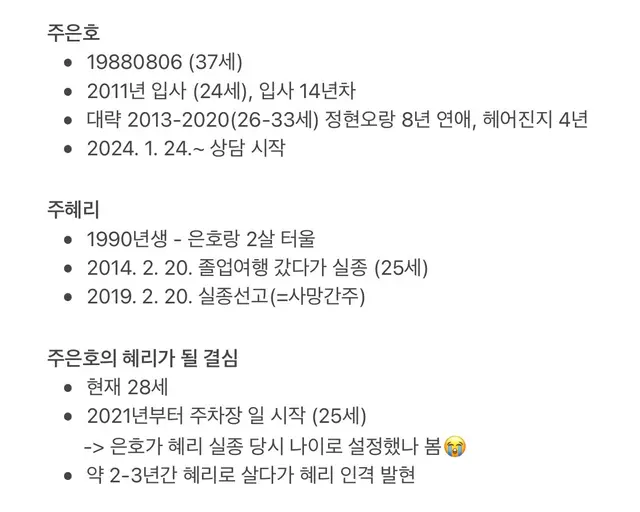 나의 해리에게 지금까지 나온 타임라인 정리해보았습니다,,
2014년 주혜리 실종
2021년부터 은호는 혜리로 살다가 올초(?) 혜리 인격 발현
은호 현오 관계로 보면,
혜리 실종은 사귀던 기간에 겪었고
혜리로 살기 시작한 건 헤어지고 난 후,,인 것 같음
아마?